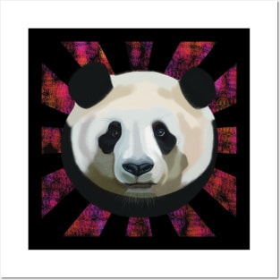 Striking Panda bear on pink black bubble patterned sun rays Posters and Art